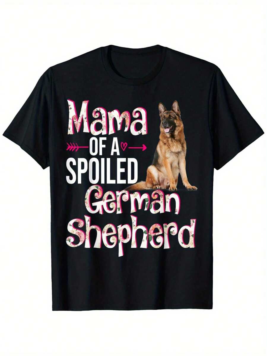 Mama Of A Spoiled German Shepherd" Graphic T-Shirt For Men - Black Casual Crew Neck Short Sleeve Tee With Playful Dog Design, 100% Cotton, Perfect For Summer Outdoor Fun, Dog T Shirts - 黑色 - 查看 1