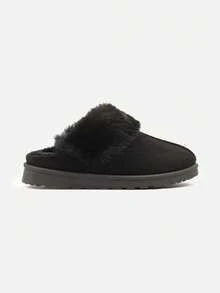 Faux Suede Slip-On Slippers With Fur - Black - View 3