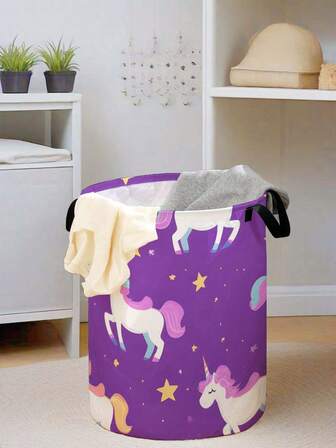 1pc Cartoon Pony Print Foldable Large Capacity Round Storage Basket With Handle, Multipurpose Storage Bin For Nursery, Baby Diaper, Clothes, Toys And Accessories Organization