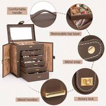 AKOZLIN 6Tier Jewelry Box Organizer Functional 5 Drawers Leather Jewelry Storage Case For Women Girls Ring Necklace Earring Bracelet Holder Organizer With Mirror Brown
