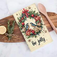 2 Stücke/100 Stücke Weihnachtskranz mit Vögeln und Geschenk Muster Küchentücher und Geschirrtücher, geeignet für Innenraumdekoration in Restaurants, Küchen und Bädern, Partydekoration, Festivalgeschenke, als Geschenk