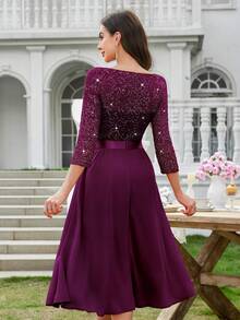 MIUSOL Elegant Maroon V-Neck Sequin Lace Ruched Chiffon A-Line Flowy Hem Midi Dress, 3/4 Sleeves, For Wedding Guest, Cocktail Party, Graduation Or Formal Evening Events - 紫紅色 - 查看 2