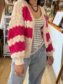 Women Chunky Cardigan Lantern Sleeve Open Front Sweaters Loose Cable Knit Oversized Cardigans Outwear Coats - Hot Pink - View 3