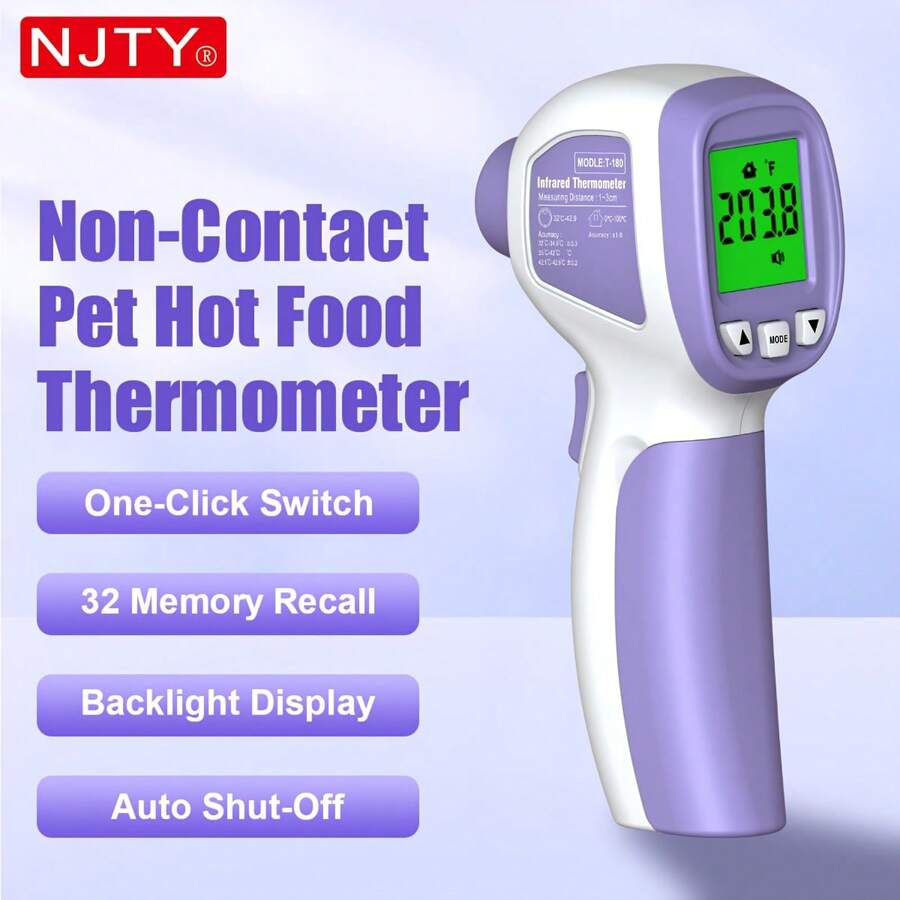Non-Contact Pet Infrared Thermometer, NJTY-T-180 - Adjustable °C/°F, Precise Measurement Of Pet Food And Beverage Temperature, 32 Groups Memory Function, Backlit Display, Auto Shut-Off, Low Battery Alarm, Easy To Use, Essential Home Care Tool - Violet Purple - View 1