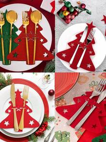 Customizable Name Christmas Tree Felt Personalized Cutlery Holder Bag Knife Fork Pouch Tableware Mat Party Table Decor Personalized Name Mat For Home Kitchen, Restaurant Dining, Party And Holiday Table Decor - Multicolor - View 2