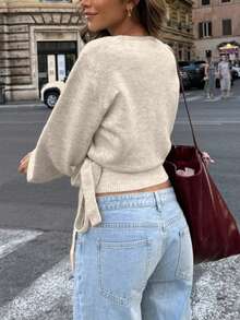 2025 Autumn/Winter Wrap Tie Knit Sweater, White, Women's Essential For Home, Commute, Date, Travel, Suitable For Various Occasions, Light Gray