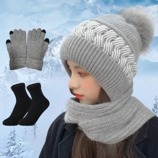 1-3pcs Set - Knit Hat, Touch Screen Gloves, Snow Socks, Hat, Scarf, Ear Warmer One-Piece Beanie, Pom Pom Cable Knit Scarf Earmuffs, Casual Diamond Pattern Thermal Lined Snow Socks & Full Finger Touch Screen Gloves. Versatile Fashion Set, Suitable For Outdoor Cycling, Winter Daily Commute, Etc.