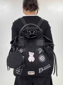 女款 Y2K 辣妹街頭風托特包，大容量尼龍拼接網格單肩包，復古可拆卸肩帶 - 黑色 - 查看 6