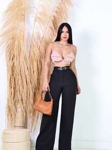 Leather Belt Pants, Elegant Tailoring Pantaloons - 黑色 - 查看 1