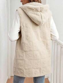 Chaleco Liso para Mujer Chaleco con estampado floral de Borreguita con Bolsillo y Capucha para Dama - Estilo Casual y Acogedor para Invierno. - Beis - Ver 2
