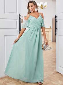 Women's V-Neck Spaghetti Strap Backless Dress With Ruffle Sleeves, Cross Pleated Flared Hem Bridesmaid Gown - Green - View 6