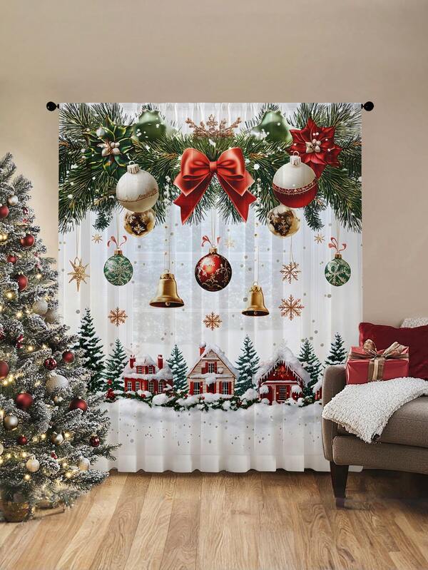 1 pieza Cortina transparente con decoración de lazo de copo de nieve navideño, material de poliéster, cortina fluida con flores doradas navideñas, globos, ramas de pino y árbol de Navidad, adecuada para sala de estar, fiesta navideña, dormitorio, decoración de cocina, 100g/㎡ Decoraciones navideñas Decoración navideña Decoraciones navideñas Decoración del hogar Decoración