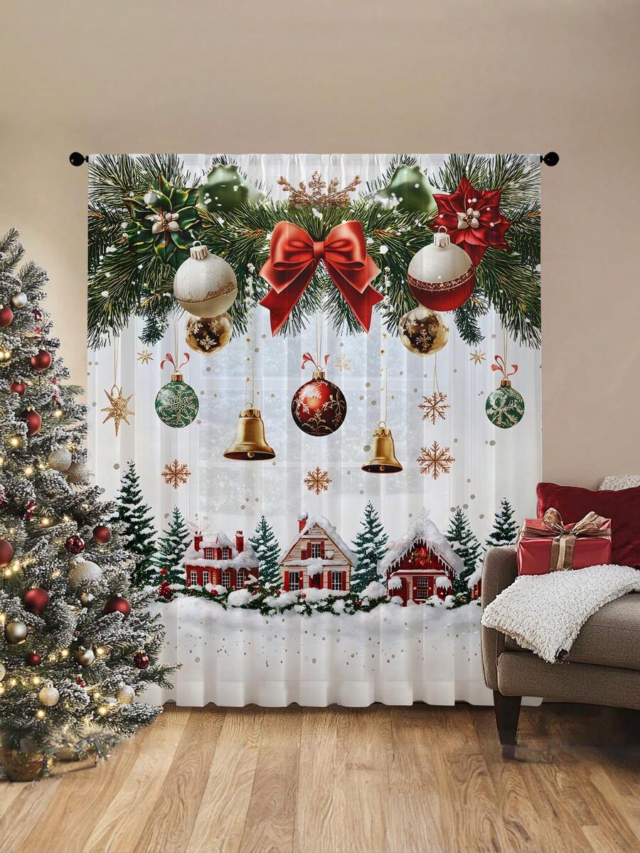 1 buc. Perdea transparentă de Crăciun cu fundă de fulg de zăpadă, material poliester, perdea vaporoasă cu flori aurii de Crăciun, baloane, crengi de pin, brad de Crăciun, potrivită pentru întâlniri de sărbători în sufragerie, petrecere de Crăciun, dormitor, decor de bucătărie, 100g/㎡ decorațiuni de Crăciun decorațiuni de Crăciun decorațiuni de Crăciun decor pentru cameră de acasă decor pentru casă