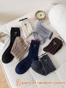 1/2/3/5 双装女士中筒袜，适合秋冬季节，可爱蝴蝶结图案，保暖舒适，可搭配靴子，厚羊毛袜，舒适袜