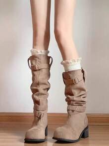 1双女士新款简约纯色蕾丝边象牙色袜子，可搭配靴子，学院风日系时尚麻花针织纹理芭蕾舞腿套及膝袜，舒适袜子 - 白色 - 查看 2