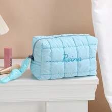 定制刺绣纯色绗缝化妆包，蓬松网格化妆袋，轻便洗漱包，便携时尚旅行收纳包，日常洗漱包，时尚女孩礼物，个性化定制礼品，圣诞礼物 - 彩色 - 查看 19