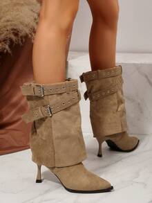 Fashionable Pointed Toe Slim High Heel Mid-Calf Boots With Buckle Design, Versatile & Slimming, Suitable For Autumn/Winter - Khaki - View 9