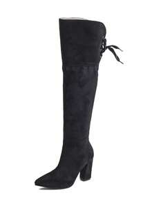 2025新款时尚超高跟复古粗跟尖头过膝高筒靴女款侧拉链欧美风 - 黑色絨 - 查看 8