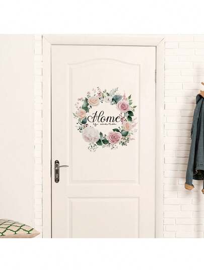 1pc Simple Plant Flower Pink Wreath English Home Decorative Stickers PVC Stickers Removable Self-Adhesive Easy-To-Tear Stickers Home Decor Make Your Life Freshen Up Holiday Decorative Stickers Birthday Graduation Gift