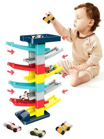 一套8轨玩具赛车套装，包含4辆迷你赛车，适合3-6岁男孩女孩，是完美的生日礼物，颜色随机。