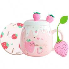 - Taza de caf de cermica de color rosa, taza de caf kawaii, taza de t de la maana, leche y fruta con tapa encantadora, cuchara de acero inoxidable, novedad creativa, cumpleaos, Navidad - B - Ver 2