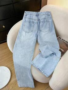 HIMARRI Elegantes jeans largos de mezclilla de pierna ancha para mujer, cintura alta y material elástico de calidad, perfectos para uso informal. - Azul - Ver 3