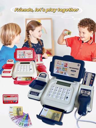子供用 おもちゃの店 レジセット(計算機付きと無しの2種類、電池別売り)、おもちゃのお金とレジスター、ごっこ遊び対話型おもちゃ、幼稚園のプレゼントに最適、ホリデーギフト
