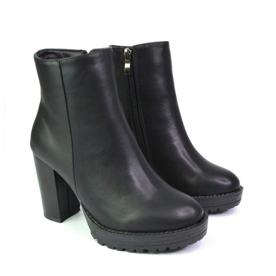 XY LONDON Cole Ankle Boots With Platform Block High Heel - Black - View 1