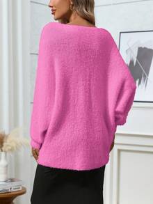 Suéter holgado de manga de murciélago de unicolor talla grande - Rosa - Ver 2