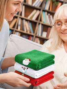 节日圣诞毛巾套装，柔软棉质圣诞老人和驯鹿花环图案，印花手巾纯棉圣诞厨房毛巾礼品套装 - 彩色 - 查看 8