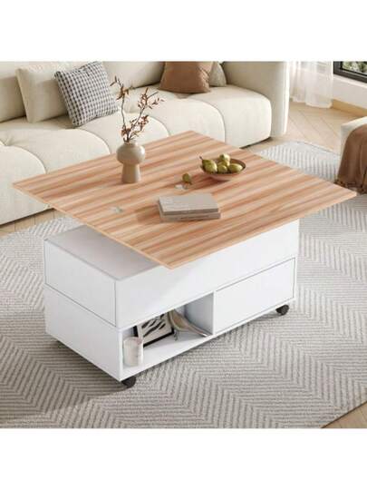 100*50*52cm Couchtisch Mit Rollen, Multifunktionaler Wohnzimmertisch Schubladen, Anhebbarer Kaffeetish, Höhenverstellbar Sofatisch, Beistelltisch Und Esstisch Stauraum, Weiss Holzfarbe view 3