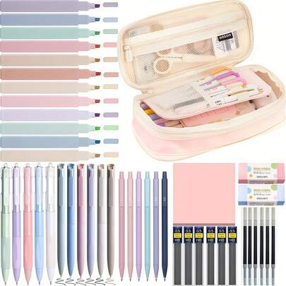 45pcs Morandi Color Stationery Set, Includes 12pcs Pastel Highlighter Pens, Learning Supplies. Cute Office & School Supplies, Suitable For Both Men And Women, Christmas Gift.