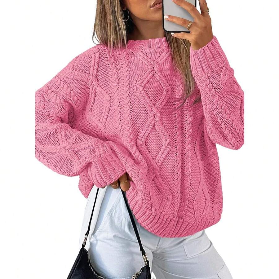 2025 Women's Oversized Cable Knit Crewneck Sweaters - Rose Pink - View 1