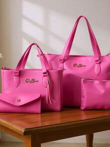 Kit 4 Anjik Medium Women's Bags + Wallet + Tote Bag + Toiletry Bag, Zipper Closure, Synthetic PU, Everyday Bag, Luxurious, Elegant, Party, Work, School, University. Gaby Show - 玫紅色 - 查看 3