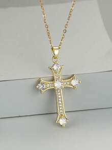 1pc Zirconia Inlaid Cross Pendant Necklace Suitable For Men And Women Perfect Decor For Cool Friends Unisex Jewelry