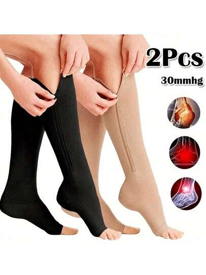 Sports Outdoor Women's Toeless Compression Socks - 20-30mmHg Knee High Support Stockings, Side Zip Knee High Socks, Open Toe Design For Comfort And Breathability