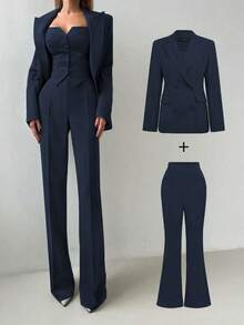 Elegant Daily Business Commute Basic Set: Waist-Cinched Regular Shoulder Long Sleeve Blazer + High-Waisted Flared Leg Pants, Suit Set Spring - Navy Blue - View 5