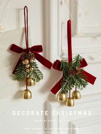 Velvet Bow With Bell Christmas Tree Ornament - Holiday Decor, No Power Needed, Metal And Acrylic Pine Cone Design, Great For Home And Party Decoration