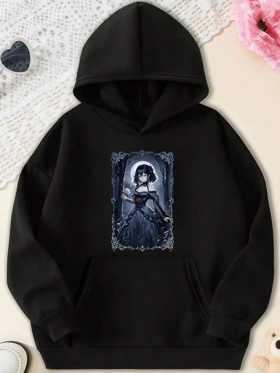 Anime Gothic Waifu Japanese Victorian Moon Elegance  Sweatshirt,Fall Hoodies,Men's Fall Clothes,Street Wear,Halloween,Mens Hoodies,Y2k Clothes,Jesus Hoodie,Thanksgiving Day,Nightmare Before Christmas,Christmas - 黑色 - 查看 1