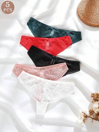 5pcs/Pack Women's Solid Color Breathable Lace Sexy Seamless Panties With Bowknot Briefs