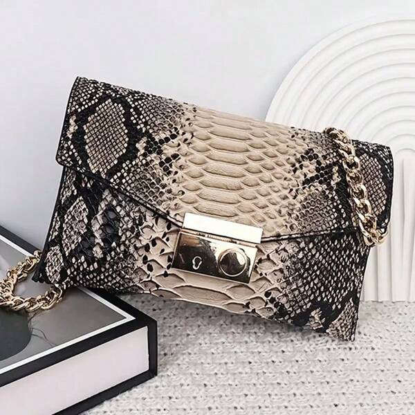 Snake Print Evening Clutch Bag With Adjustable Chain Strap - PU Faux Leather Crossbody Purse For Wedding, Prom, Bridesmaid, Party - Polyester Lining