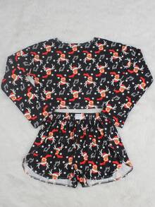 2 piezas Conjunto deportivo casual de mujer con estampado de ciervos, top de manga larga de punto y shorts, adecuado para uso diario y en el hogar, otoño/todo el año, ropa de otoño e invierno - azul real - Ver 6