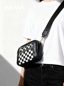 Black & White Plaid Patchwork, 5 Zipper Pockets, With Inner Pouch, Card Slots, Lightweight Compact Crossbody Bag, Elegant Retro Style, Adjustable Solid Black Wide Strap, Suitable For Shopping, Dating, College Classes - Black - View 10