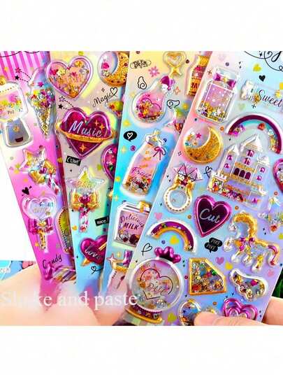 4/1件卡通宝石贴纸，大号心形魔杖钻石泡泡贴纸，手工贴纸艺术，行李箱装饰，儿童手工玩具，女孩礼物，颜色和款式随机