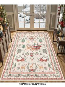1 pezzo Tappeto beige con albero di Natale, Babbo Natale e renne, non lavabile, molto adatto per soggiorno, camera da letto, corridoio, uso interno ed esterno, facile decorazione natalizia per la casa e la stanza