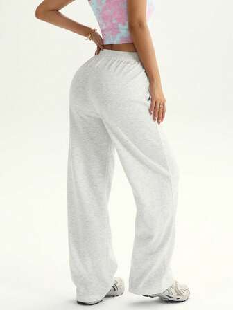 Women's Solid Color Elastic Waist Outdoor Sports Pants, Casual Fitness Jogging Trousers