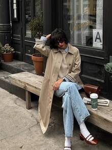 1 件女式纯色前口袋休闲风衣，长袖过膝外套，适合日常穿着，秋冬 - 卡其色 - 查看 11