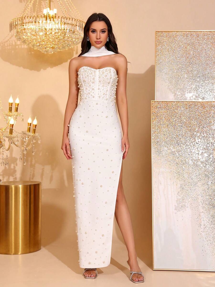 Elegant Beaded Decor Strapless High Slit Bridesmaid Dress, Bandage Party Gown - White - View 1