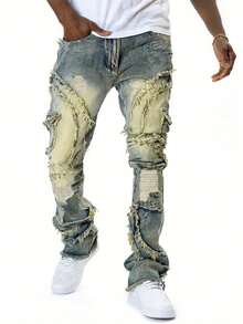 Men's Pocket Edge Distressed Stretch Skinny Flare Jeans, Emo Style - Yellow - View 4