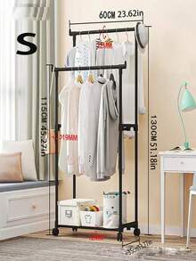 1pc Double Rod Wheeled Clothes Drying Rack With Multi-Layer Storage, Lightweight Luxury Hanging Garment Rack With Rolling Wheels For Bedroom Home Indoor Laundry Organization, Heavy Duty Portable Coat Stand Rack For Commercial Space Closet Storage Solution - Black - View 3